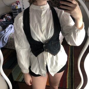 Vintage White mock neck puff long sleeve blouse with embroidery on back